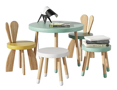 Round Wooden Kids Table with Rabbit Ear Chairs Colorful Seats and Study Lamp Books 3d model