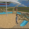 Kindergarten Outdoor Play Area With White Canopy Wooden Bridge Water Pool And Children Playing Safely