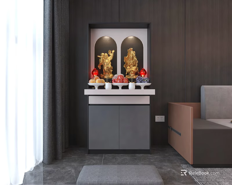 Modern Buddhist Shrine Cabinet With Two Golden Buddha Statues And Offerings In Interior 3d model 