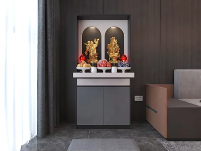 Modern Buddhist Shrine Cabinet With Two Golden Buddha Statues And Offerings In Interior 3d model