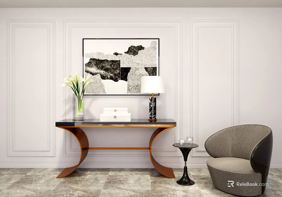 Modern Console Table Decor With Framed Artwork Vase Lamp Small Side Table And Accent Chair 3d model 