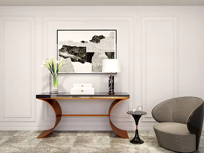 Modern Console Table Decor With Framed Artwork Vase Lamp Small Side Table And Accent Chair 3d model