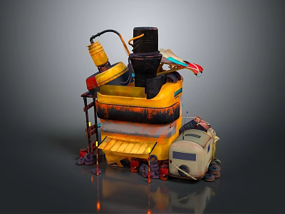 Industrial Style Stacked Building Structure with Yellow Black Platforms Pipes Ladders and Adjacent Equipment 3d model