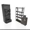 Vintage Metal Equipment Cabinet And Metal Shelf With Green Cylindrical Container And Small Device
