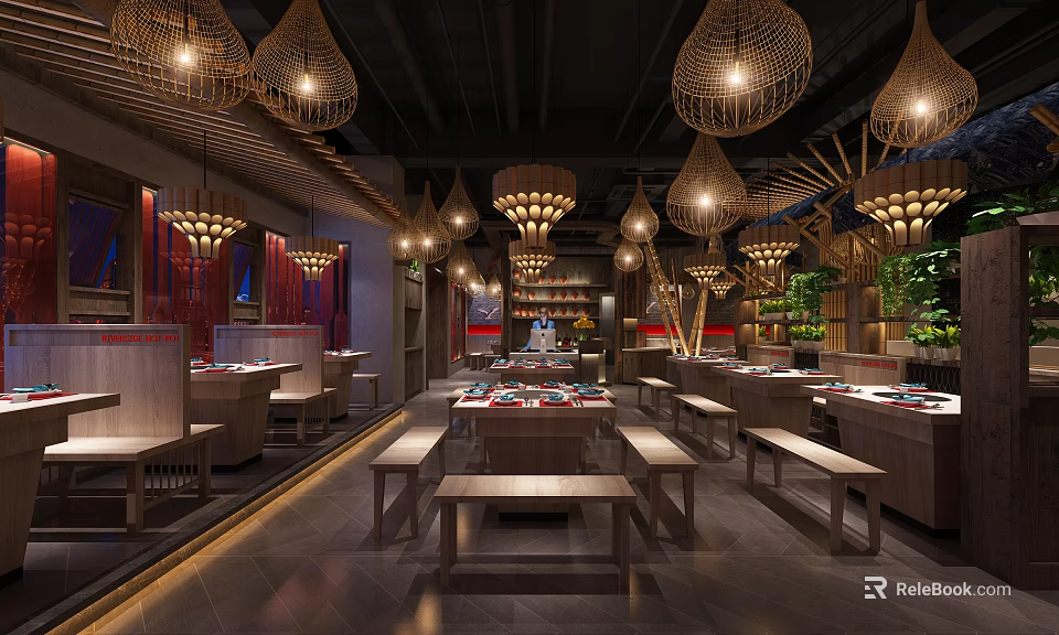 Spacious Hotpot Restaurant Interior With Wooden Tables Wicker Pendant Lights And Green Plants 3d model 