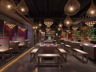 Spacious Hotpot Restaurant Interior With Wooden Tables Wicker Pendant Lights And Green Plants 3d model