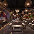 Spacious Hotpot Restaurant Interior With Wooden Tables Wicker Pendant Lights And Green Plants