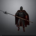 Helmeted Man Standing In Metal Armor With Red Cape Holding Long Spear