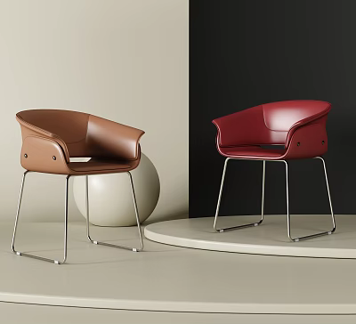 Modern Brown And Red Leather Dining Chairs With Metal Legs In Black White Background 3d model