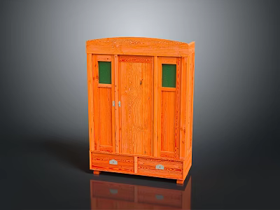 Traditional Orange Wooden Cabinet With Glass Panel Doors And Decorative Drawers 3d model