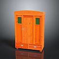 Traditional Orange Wooden Cabinet With Glass Panel Doors And Decorative Drawers