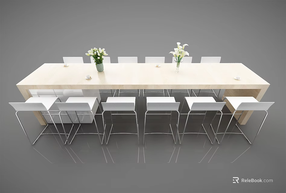 Modern Long Dining Table Set With White Chairs And Flower Vases 3d model