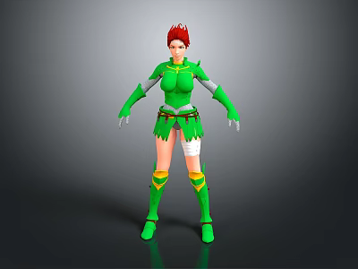 Game Movie Character With Red Hair Green Armor Outfit And Leg Bandage Design 3d model