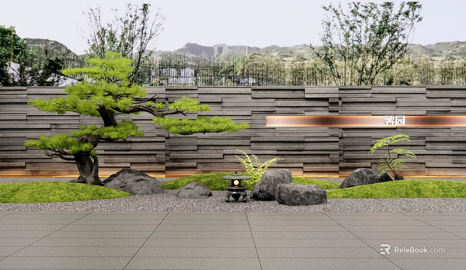 Modern Garden Wall Design With Stone Panels Pine Tree Greenery And Decorative Rocks 3d model 