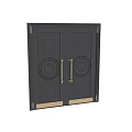 Elegant Black Double Swing Doors With Brass Handles And Decorative Circular Panels
