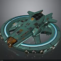 Teal Cosmic Spaceship Design With Circular Ring Neon Lights Cockpit And Mechanical Details