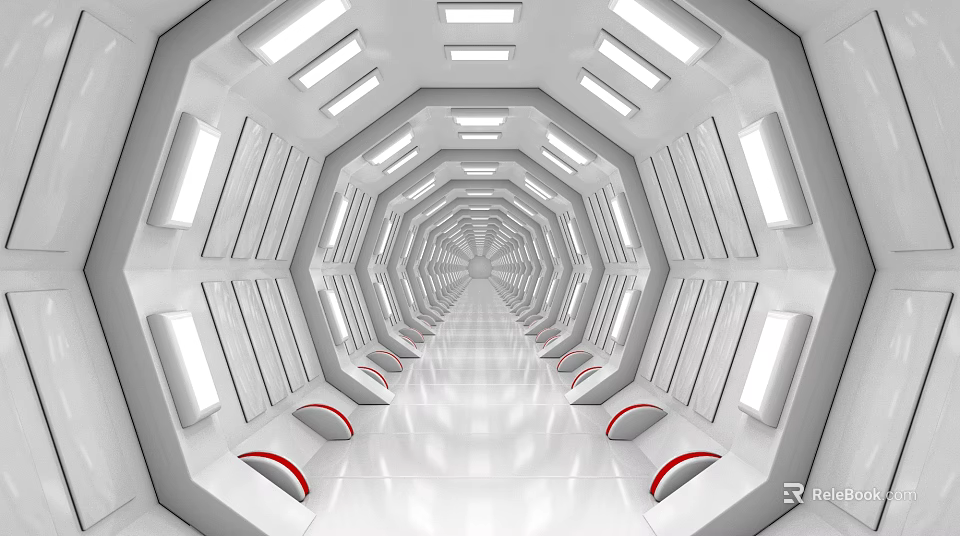 Modern Futuristic Office Corridor With Symmetrical Lighting And Red Accents 3d model 