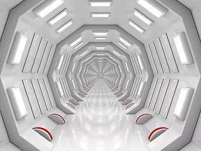 Modern Futuristic Office Corridor With Symmetrical Lighting And Red Accents 3d model