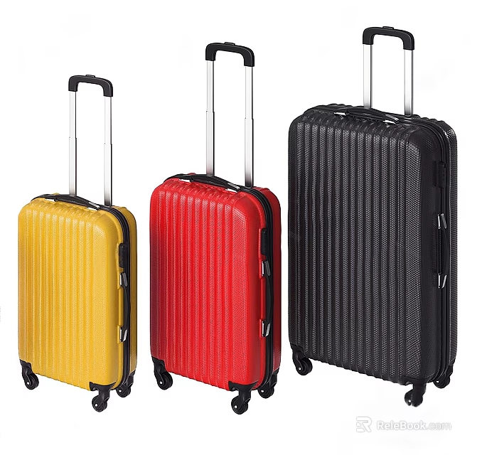 Three Striped Hard Shell Suitcases In Different Colors With Telescopic Handles And Rolling Wheels 3d model 