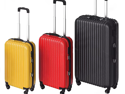 Three Striped Hard Shell Suitcases In Different Colors With Telescopic Handles And Rolling Wheels 3d model