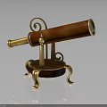 Vintage Wooden Telescope with Golden Decorations and Curved Stand on Round Base