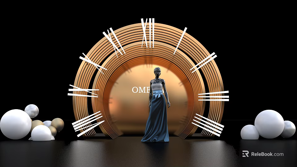 Stunning Photo Spot With Golden Arch Roman Numerals OM Lettering And White Spherical Decorations 3d model 