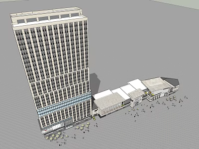 Modern Commercial Complex With Tall Building Low-Rise Structures And Pedestrian Activity Areas 3d model
