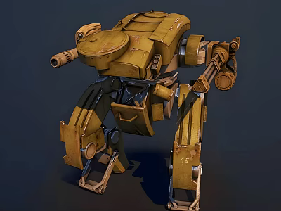 Yellow Mechanical Intelligent Machine with Legged Structure and Cannon Arm 3d model