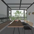 Spacious Villa Balcony with Glass Roof Large Windows Wooden Dining Table Rattan Chairs and Lush Plants