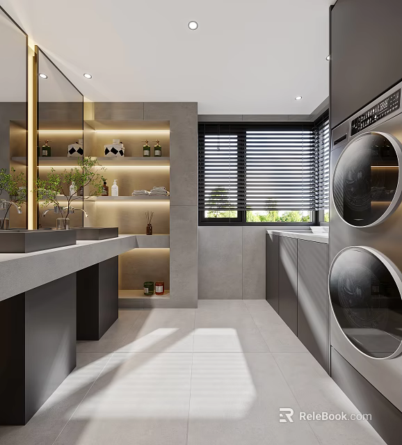Modern Bathroom Design With Vanity Lighted Niche Blinds Gray Tiles Washing Machine Dryer 3d model 