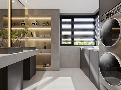 Modern Bathroom Design With Vanity Lighted Niche Blinds Gray Tiles Washing Machine Dryer 3d model