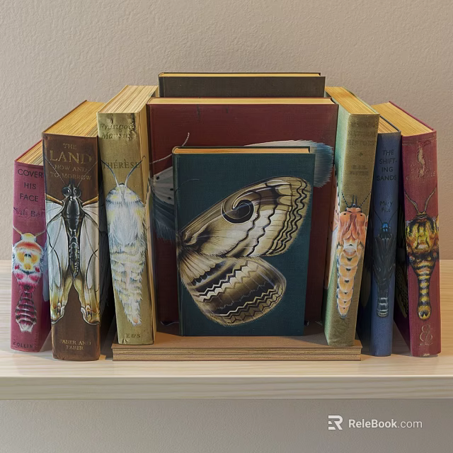Colorful Books With Butterfly And Insect Illustrations Stacked On Wooden Surface 3d model 
