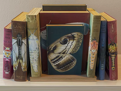 Colorful Books With Butterfly And Insect Illustrations Stacked On Wooden Surface 3d model