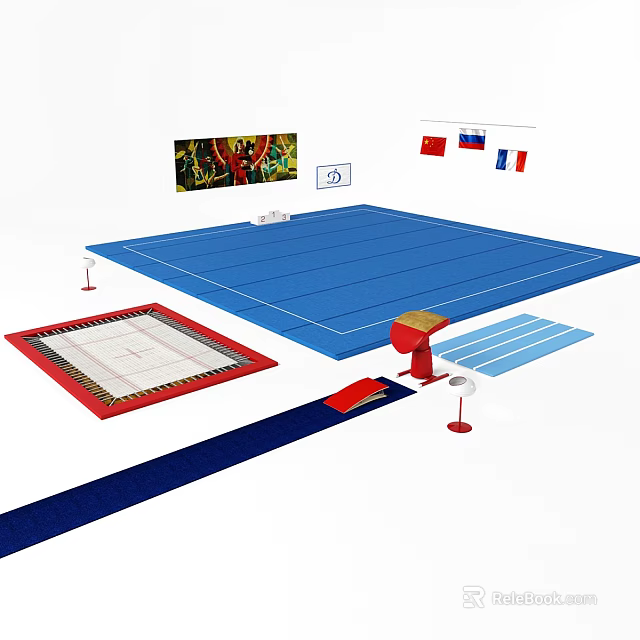 Sports Equipment Setup Featuring Blue Exercise Mat Red Training Area And Flags 3d model 
