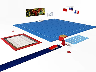 Sports Equipment Setup Featuring Blue Exercise Mat Red Training Area And Flags 3d model