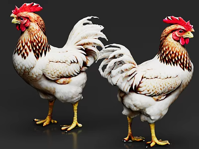 Two Roosters With Red Combs White Brown Feathers And Yellow Legs On Grey Background 3d model
