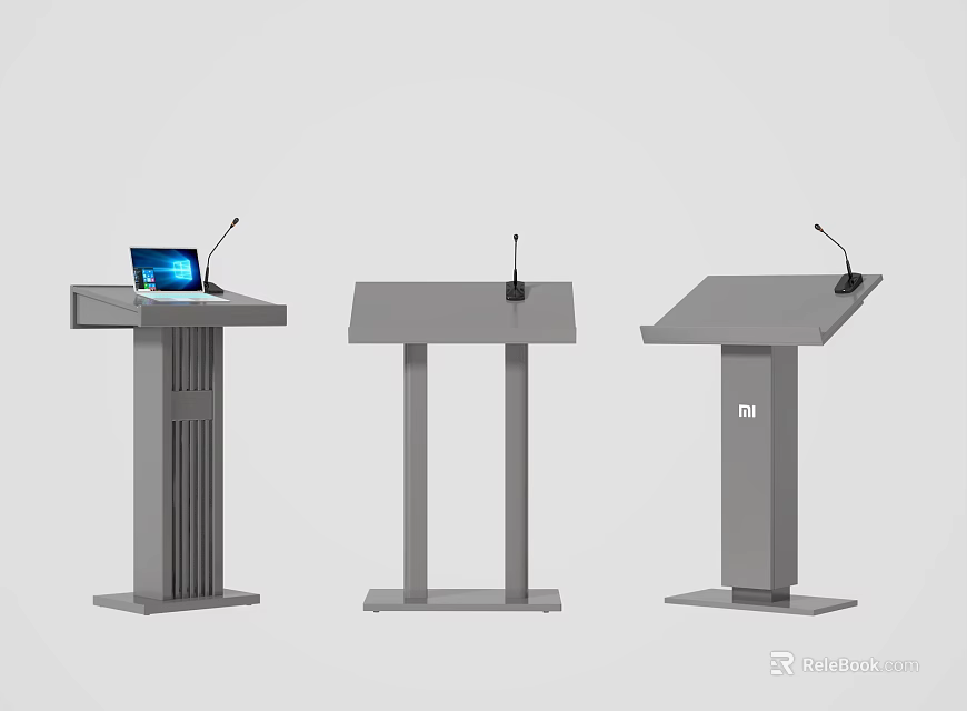 Three Modern Podiums Each Equipped with Microphone and One with Laptop 3d model