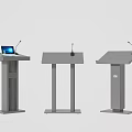 Three Modern Podiums Each Equipped with Microphone and One with Laptop 3d model