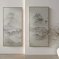 Traditional Ink Wash Landscape Paintings With Golden Frames Mountain And Tree Scenery For Wall Decor