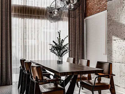 Loft Living Room With Dining Table Chairs And Industrial Elements 3d model