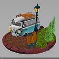 Blue And White Volkswagen Van With Orange Roof Rack Street Lamp Bench Green Bushes