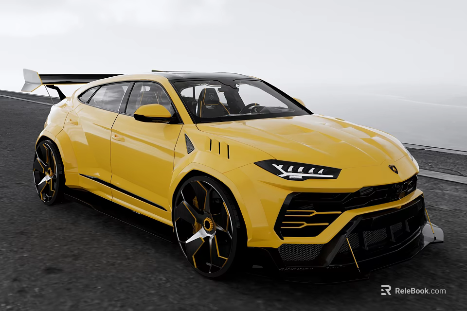 Yellow Lamborghini SUV With Sporty Design Black Wheels And Carbon Fiber Accents 3d model 