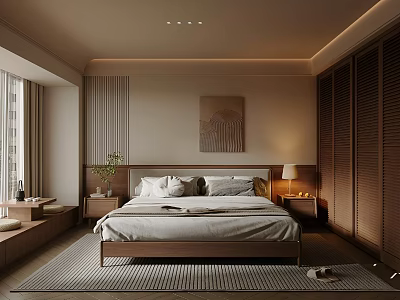 Modern Bedroom Interior Design With Wooden Headboard Abstract Painting And Gray Rug 3d model