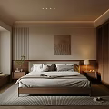 Modern Bedroom Interior Design With Wooden Headboard Abstract Painting And Gray Rug