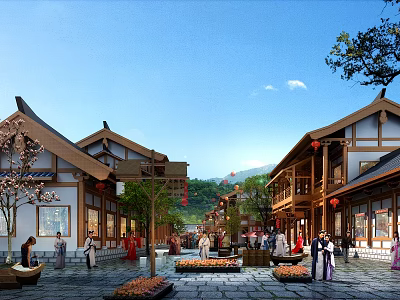 Traditional Chinese Commercial Street With Classic Architecture Red Lanterns Pedestrians Stone Paved Paths Trees 3d model