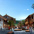 Traditional Chinese Commercial Street With Classic Architecture Red Lanterns Pedestrians Stone Paved Paths Trees