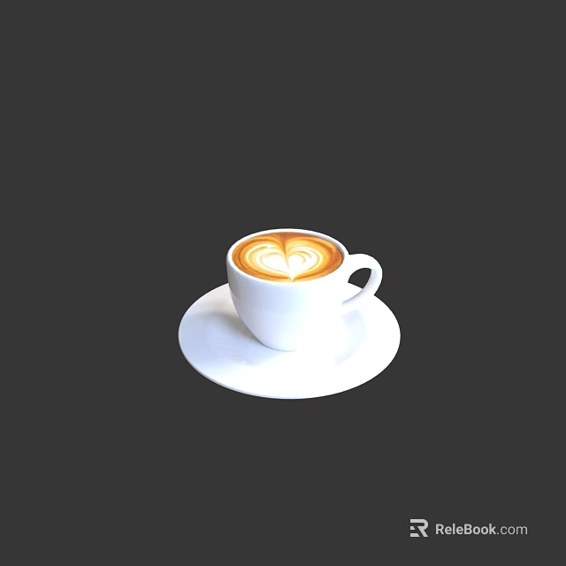 Coffee With Heart Shaped Latte Art In White Cup On White Saucer Against Dark Background 3d model 