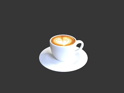 Coffee With Heart Shaped Latte Art In White Cup On White Saucer Against Dark Background 3d model