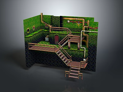 Underground Pipe And Staircase Structure With Brick Wall Green Surface And Metal Platform 3d model