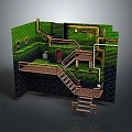 Underground Pipe And Staircase Structure With Brick Wall Green Surface And Metal Platform 3d model